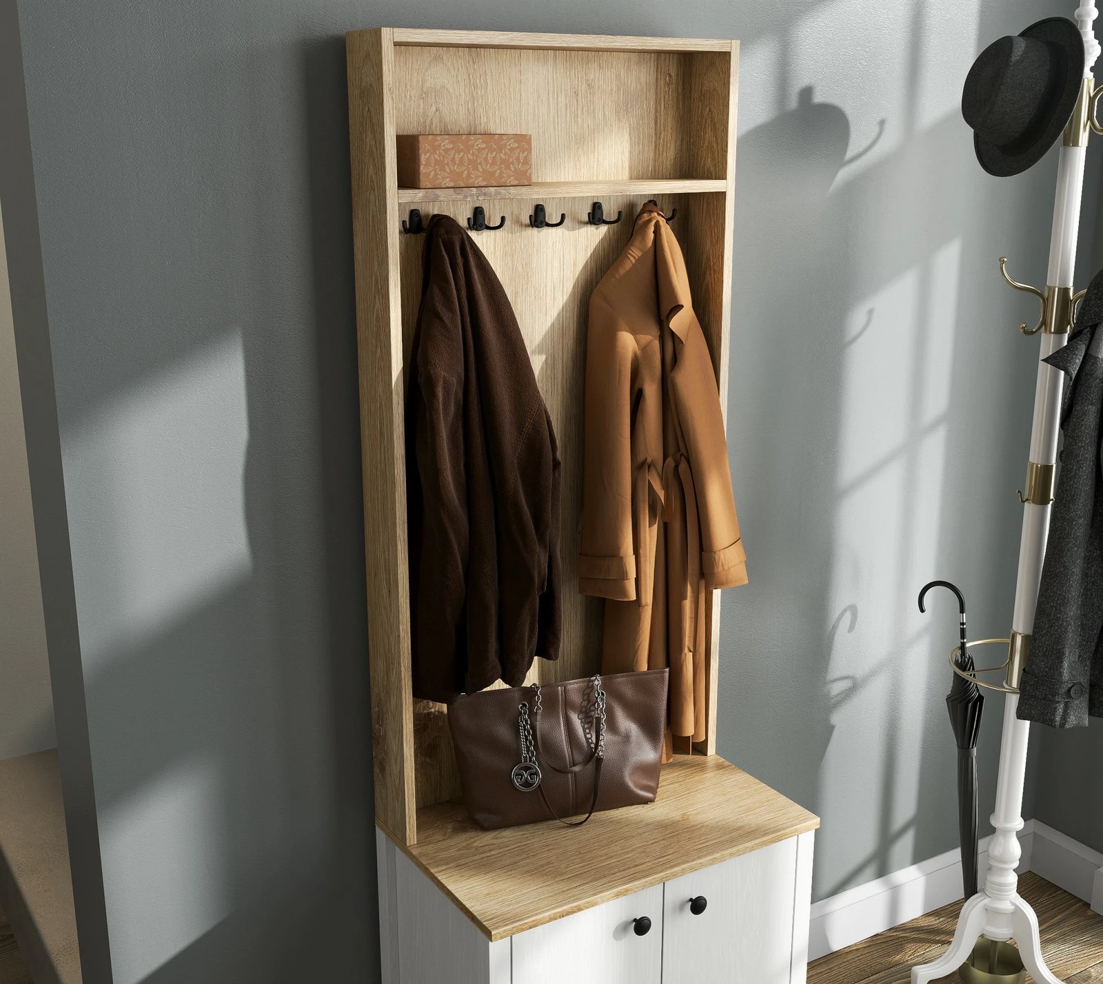 Stendë korridori Hanah Home, FRN-20077, ngjyrë druri dhe e bardhë