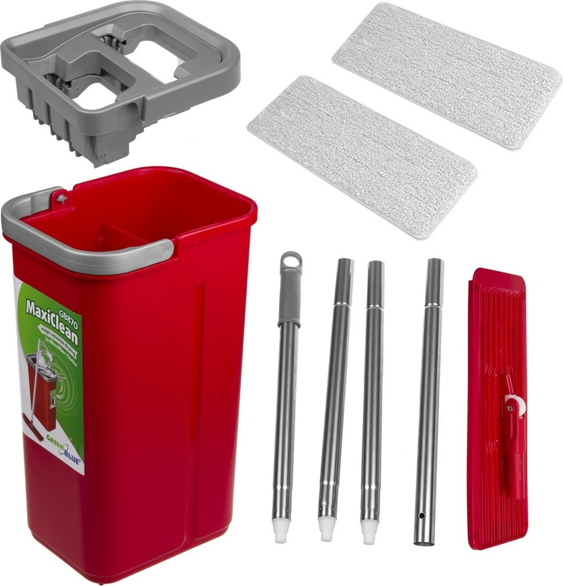 Set pastrimi GreenBlue MaxiClean GB870 me mop të sheshtë, kovë dhe 2 shtresa mikrofibre, Kuqe