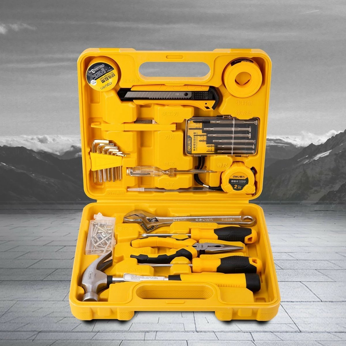 Set veglash Deli Tools EDL1028J, 28 copë, me kasë, e verdhë