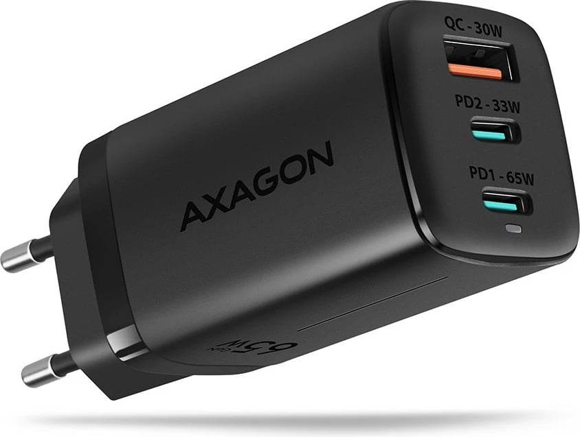 Adapter karikues AXAGON ACU-DPQ65, GaN 65W, 3 porta (USB-A + 2x USB-C), i zi