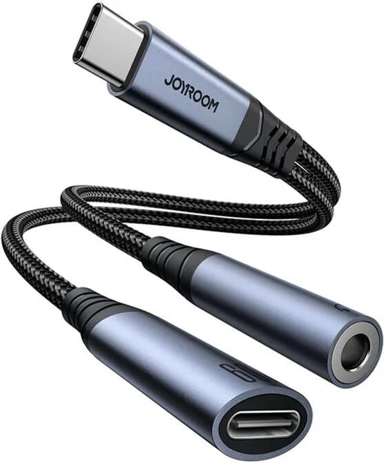 Adapter audio 2-në-1 Joyroom SY-C02, USB-C në 3.5mm + USB-C, argjendtë