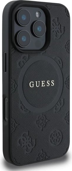Mbështjellës Guess Saffiano Peony Classic Logo MagSafe për iPhone 16 Pro, e zezë