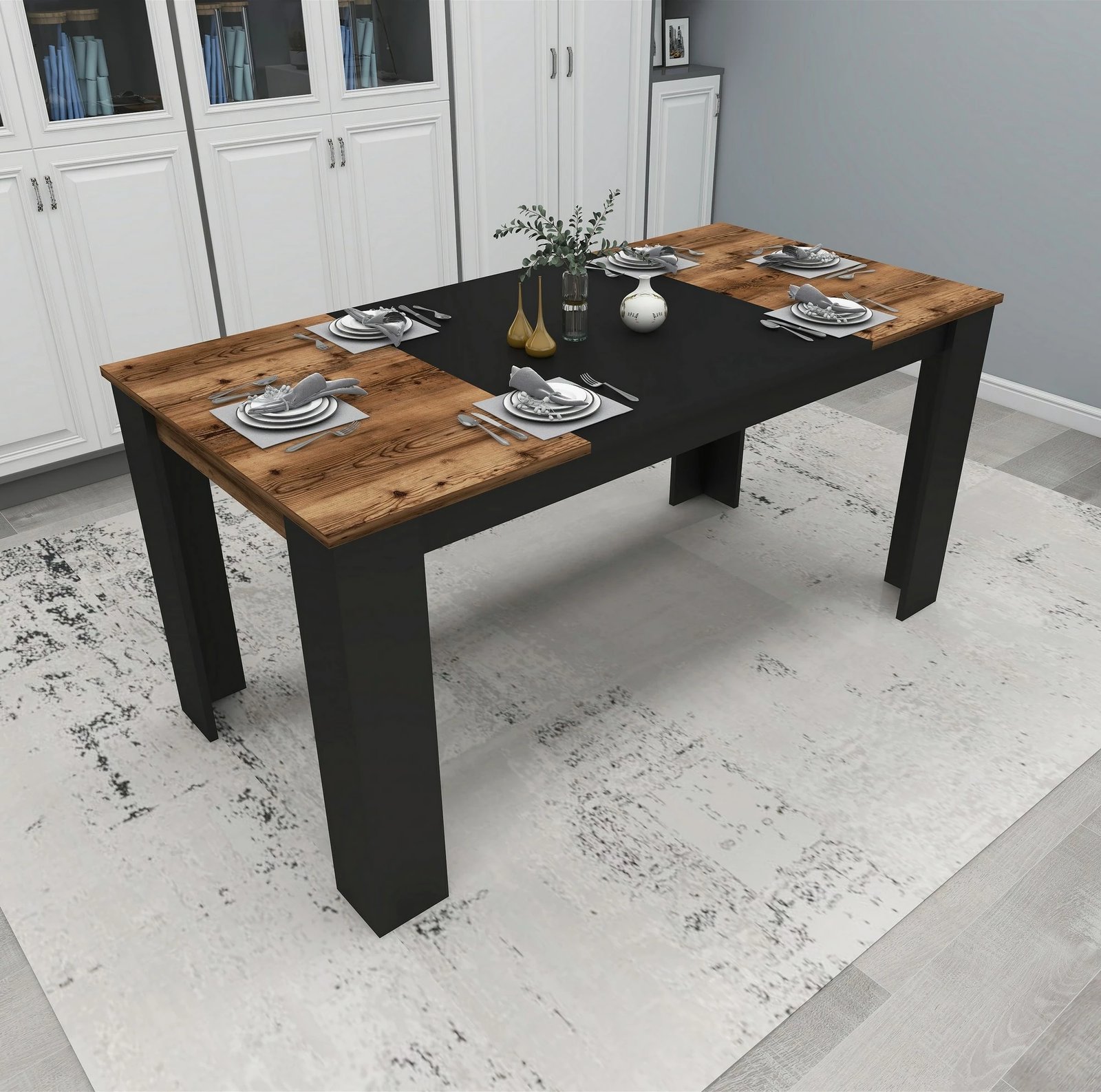 Tavolinë ngrënieje Skye Decor, Line, ngjyrë arrë e çelët, e zezë