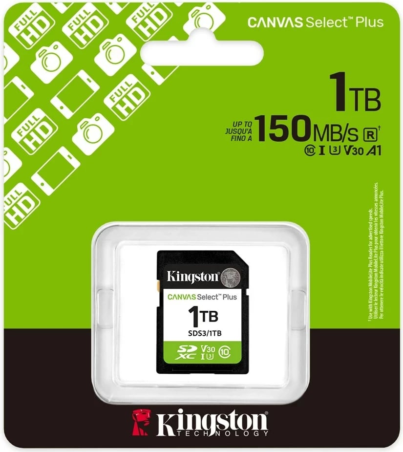 Kartë memorie SDXC Kingston Canvas Select Plus Gen3, 1TB, 150MB/s, UHS-I U3 V30, E zezë