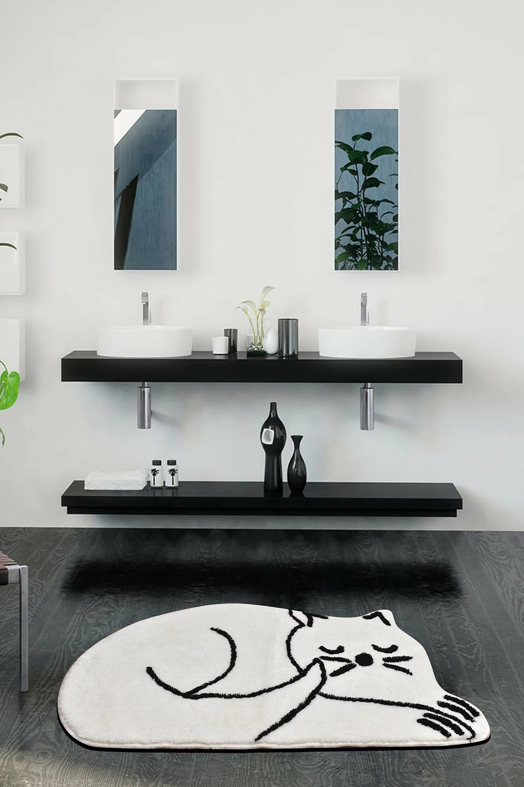 Tapet akrilik për banjo, dizajn mace në gjumë, ngjyrë e bardhë