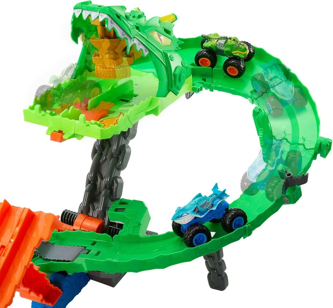 Set lodrash Monster Trucks Hot Wheels JFR06, Great Bite + Rageasaur, shumëngjyrësh