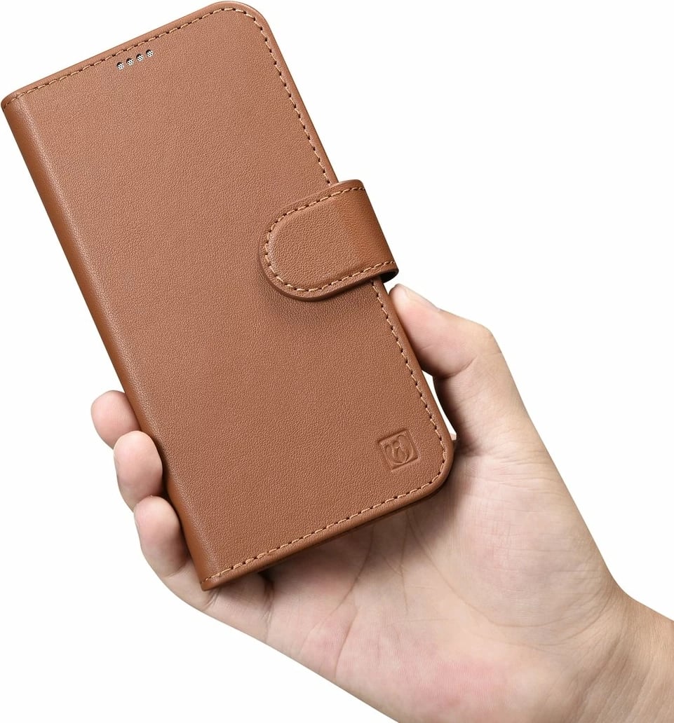Mbështjellës iCarer Wallet 2in1 për iPhone 14 Plus, lëkurë natyrale, Anti-RFID, Kafe