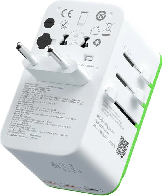 Adapter udhëtimi me hotspot Wi-Fi 4G/LTE GlocalMe Roamplug, 70W, i bardhë