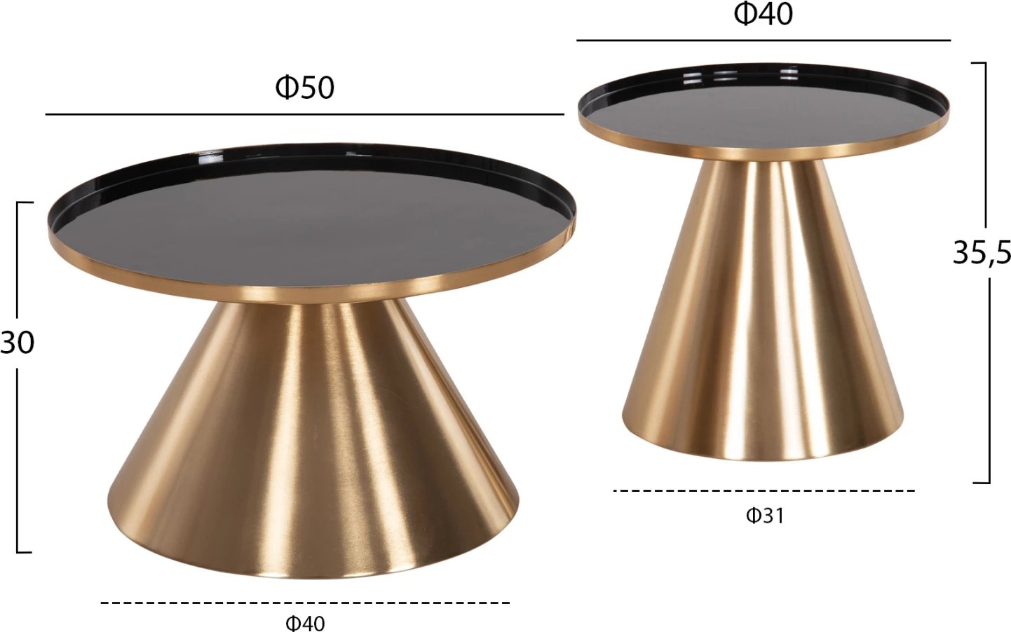 Tavolina kafeje 2 copë LORME FH9923 metalike, e zezë dhe e artë, Φ50 & Φ40 cm