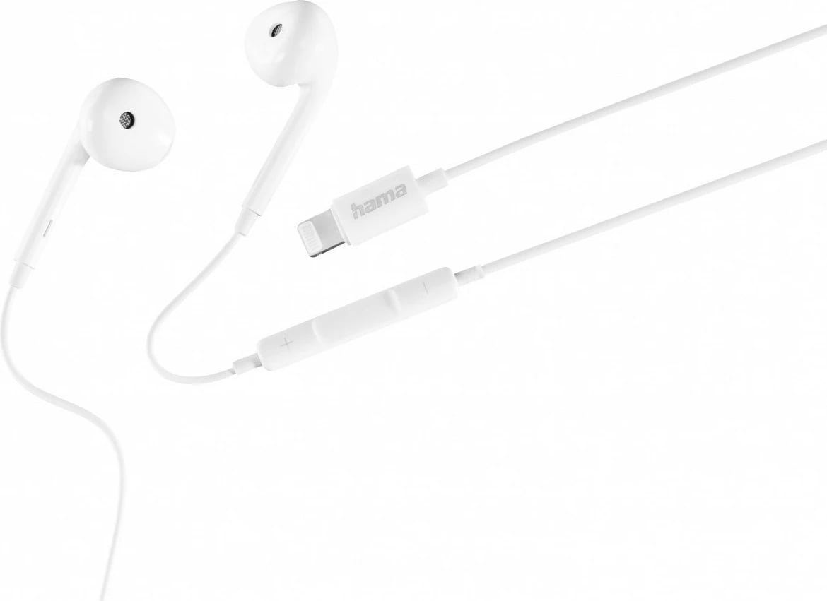 Kufje in-ear Hama 221787 me lidhje Lightning, me mikrofon dhe kontroll volum, kabllo 1.2 m, stereo, të bardha