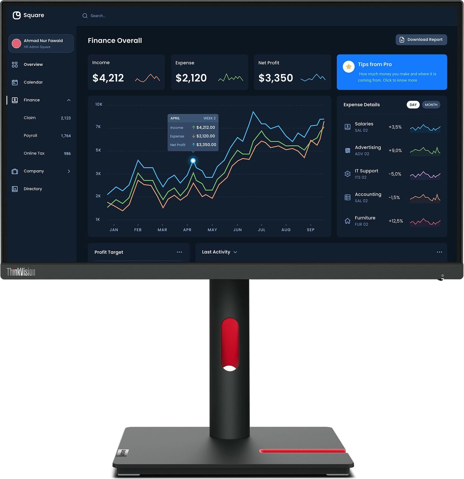 Monitor Lenovo ThinkVision T22i-30, 54.6 cm (21.5"), 1920 x 1080 pixels, Full HD, LED, 6 ms, E zezë