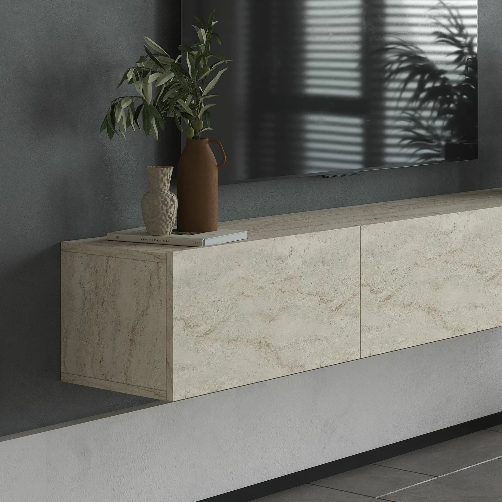 Komodë TV Skye Decor, ngjyrë travertin, Alfa