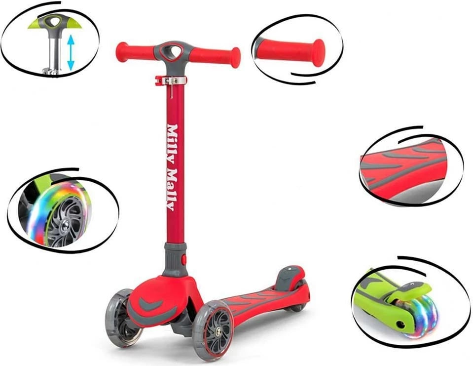 Trotinet fëmijësh, Milly Mally Boogie, 3 rrota me drita, timon me 3 nivele, deri 50 kg, moshat 3+, e kuqe