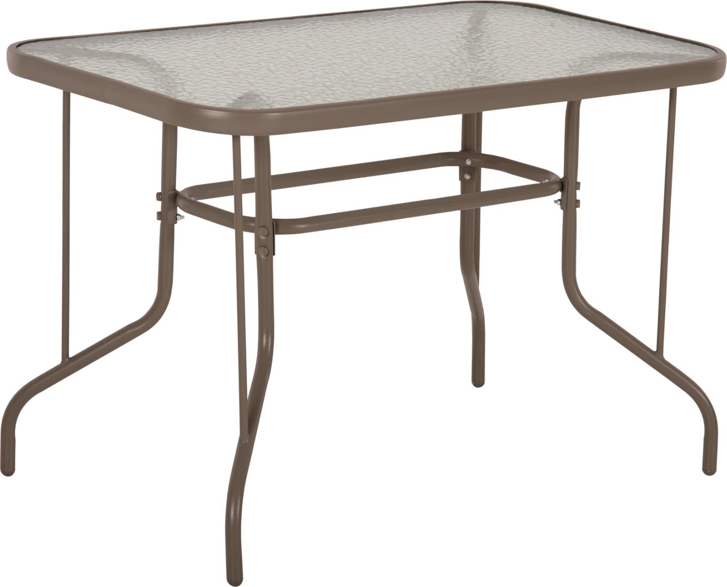 Tavolinë metalike për jashtë ADAM, ngjyrë shampanjë, me sipërfaqe xhami të forcuar, 110x60x71H cm