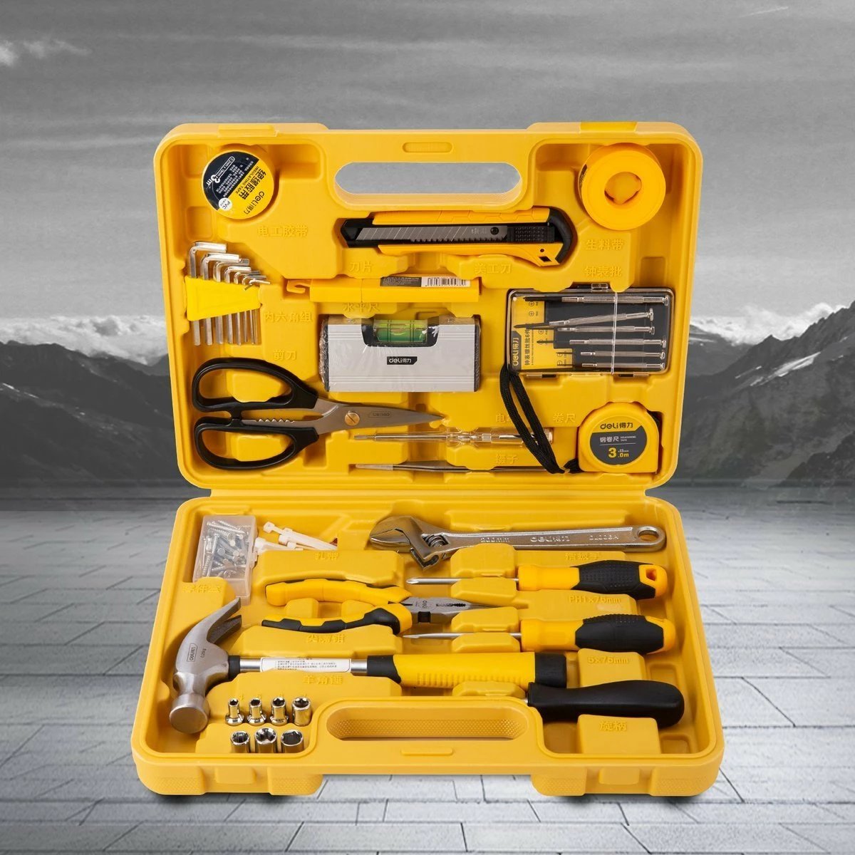Set veglash Deli Tools EDL1038J, 38 copë, me kasë, e verdhë