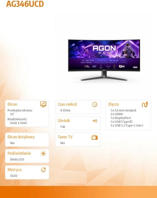 Monitor gaming AOC AG346UCD, 34 inç, QD-OLED, 175Hz, 3440x1440, i zi/gri