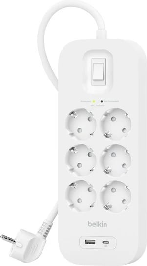 zgjatues me mbrojtje nga rryma, Belkin, SRB002vf2M-V2, 6x Schuko, 1x USB-A 1x USB-C PD, 650J, kabllo 2m, e bardhë