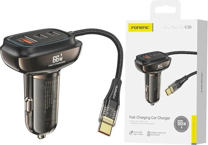 Karikues veture Foneng C20, 3 porta (1x USB-A, 2x USB-C), 66W, me kabllo USB-C