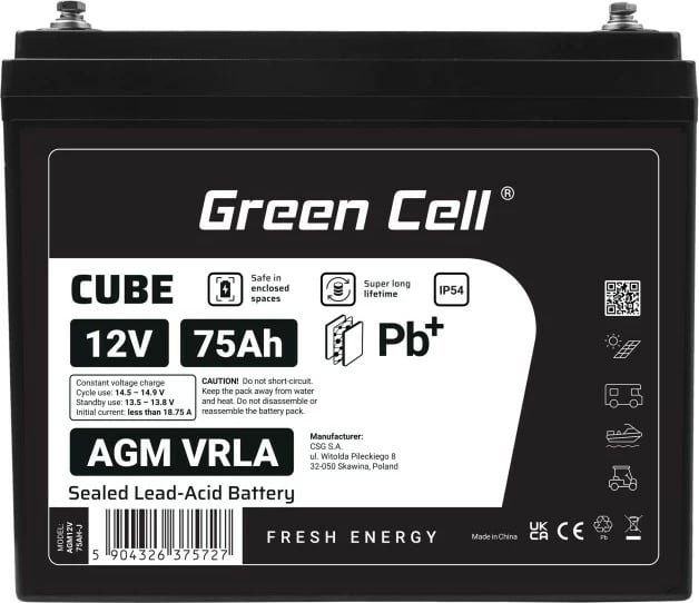 Bateri AGM VRLA Green Cell AGM12V75AH-J 12V 75Ah IP54 e zezë