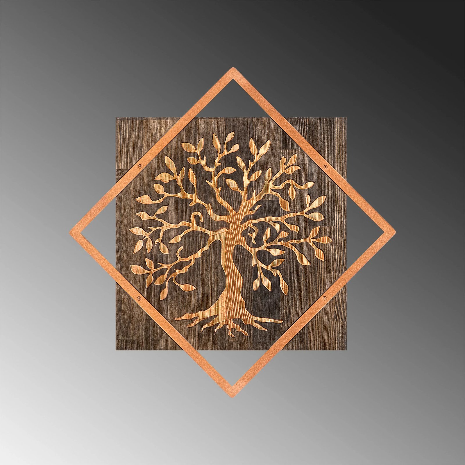 Aksesor dekorativ për mur, dru dhe bakër, Wallity, pemë v2, ngjyrë arre-bakër