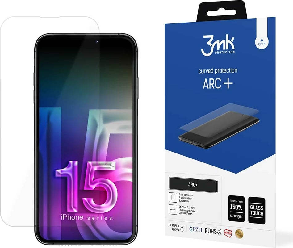 Folje mbrojtëse për ekran, 3mk Protection ARC+, për iPhone 15 Plus, transparente