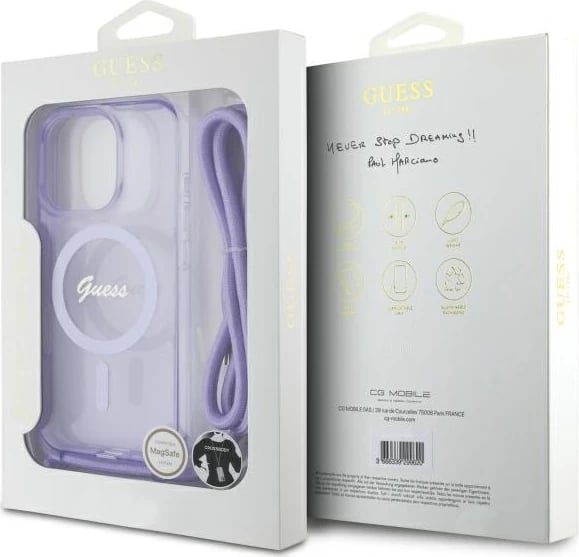 Mbështjellës Guess Crossbody Cord Script MagSafe për iPhone 16 Pro, Vjollcë