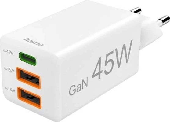 Karikues Hama mini GaN 45W PD/QC 2x USB-C, 1x USB-A, bardhë