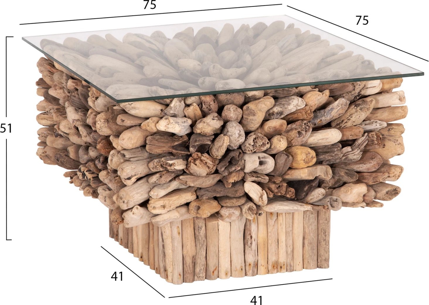 Tavolinë kafeje katrore SPARROW, dru i larë, xham, 75x75x51cm