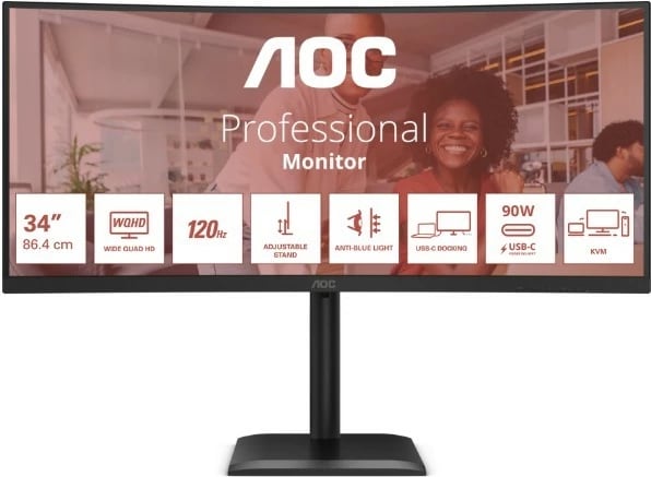 Monitor i lakuar AOC CU34E4CV 34'' WQHD 3440x1440 120Hz VA HDR10 USB-C 90W KVM HDMIx2 DP RJ45 Altoparlantë, i zi