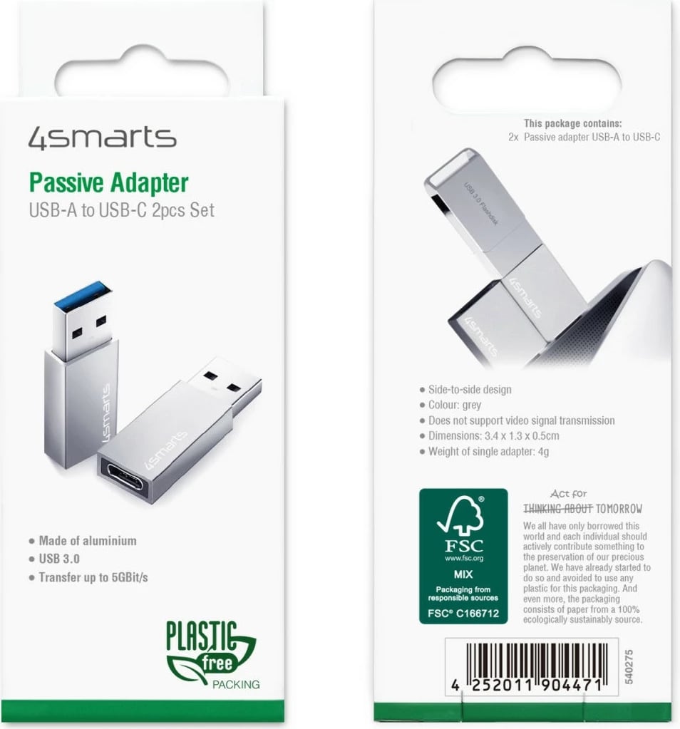 Adapter USB 4smarts 540275, USB Type-A në USB Type-C, Gri