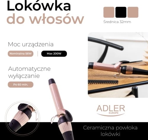 mashë flokësh, Adler AD 2118, 32mm, kontroll temperature 140-200°C, cilindër qeramik, rozë/zezë