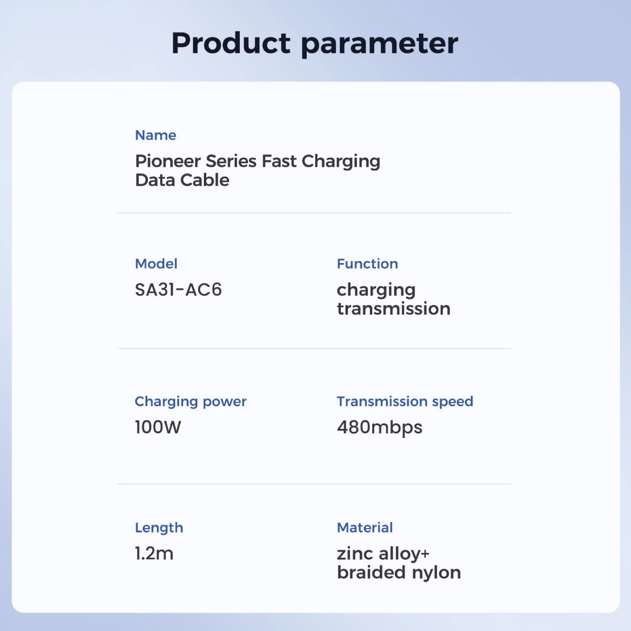 Kabllo karikimi dhe të dhënash Joyroom Pioneer Series SA31-AC6, USB-A në USB-C, 1.2m, 100W, e zezë