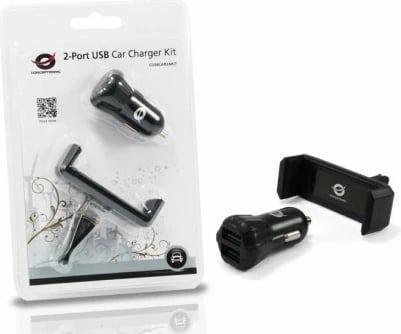 Karikues veture Conceptronic KFZ-Ladegerät, 2xUSB-A, mbajtës celulari, 10W, zi
