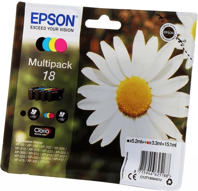 Kartushë boje, Epson, 18 / C13T18064012, Claria Home, kapacitet standard, multipack 4, shumëngjyrësh (Black, Cyan, Magenta, Yellow)