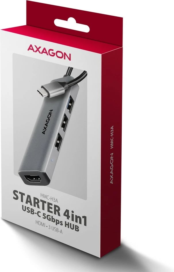 Multiport USB hub AXAGON HMC-H3A 4in1, 5Gbps, 3x USB-A + HDMI 4K, metal, USB-C, Gri