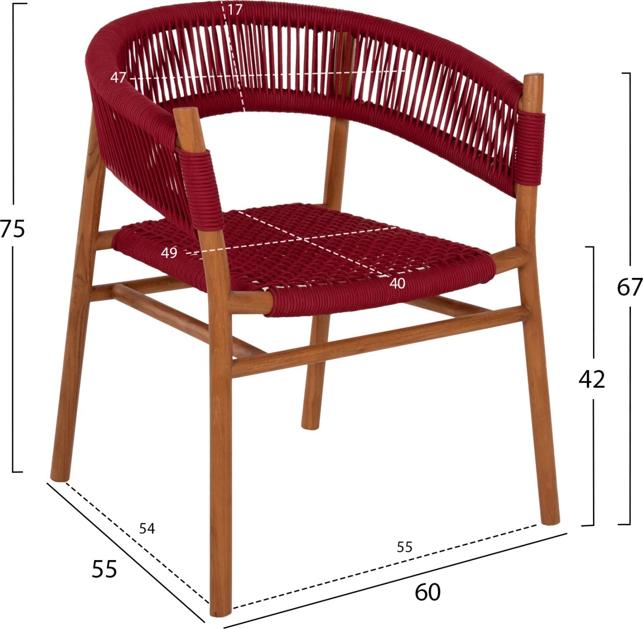 Karrige ngrënieje me krahë IRVING, dru TEAK, ngjyrë natyrale dhe litar i kuq burgundy, FH9797, 60x55x75H cm