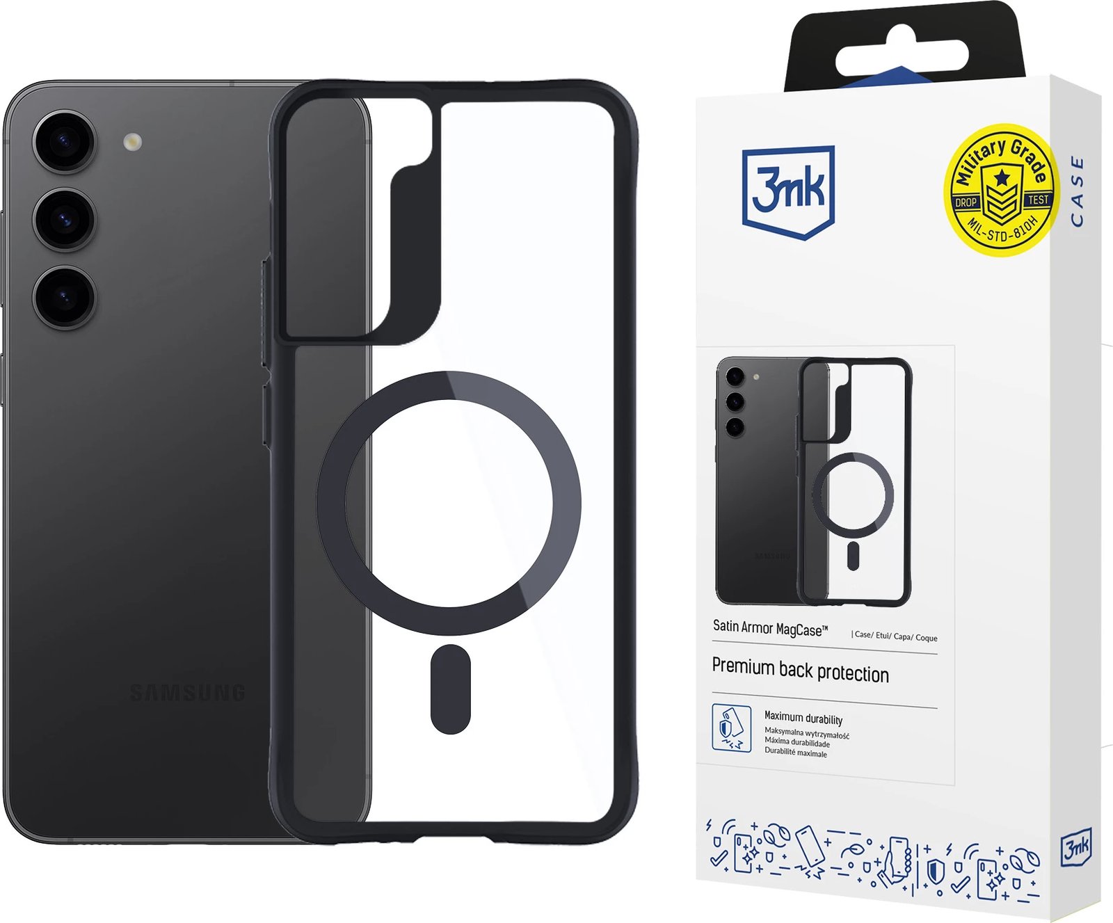 Mbështjellës 3mk Satin Armor MagCase me MagSafe për Samsung Galaxy S23+, Transparent me kornizë të zezë