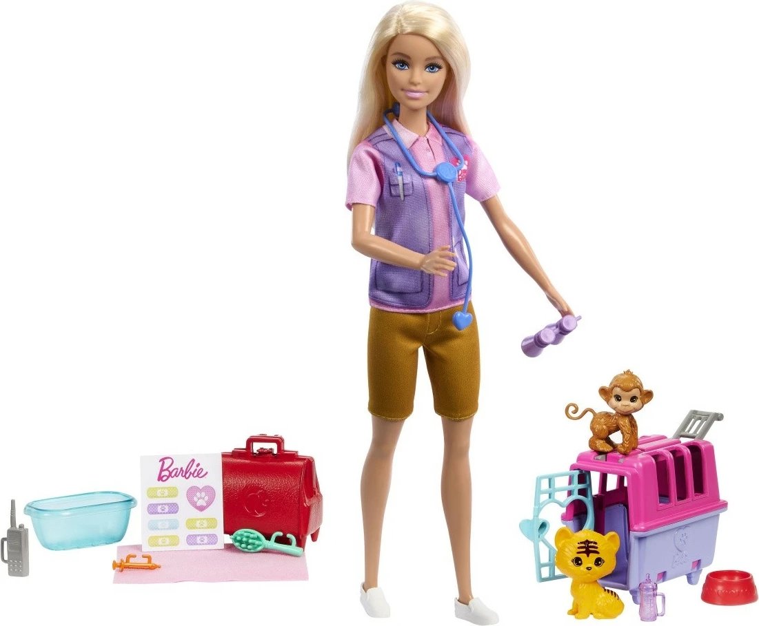 Set lodrash Barbie Mattel HRG50 Animal Rescue Worker, me kukull, majmun, këlysh tigri dhe aksesorë, për fëmijë