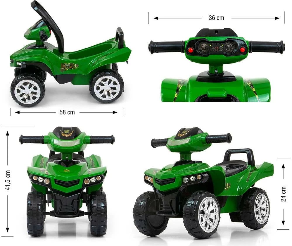 Katër-rrotësh lodër për fëmijë Milly Mally Monster Military me timon interaktiv dhe tinguj, nga 12m+, ngarkesë 25 kg, jeshile