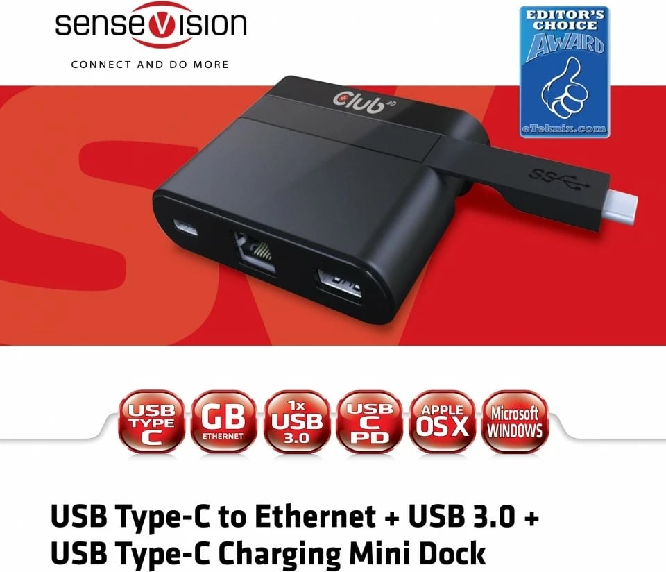 Adapter Club 3D SenseVision USB Type-C në Ethernet Gigabit LAN + USB 3.0 + USB Type-C, i zi