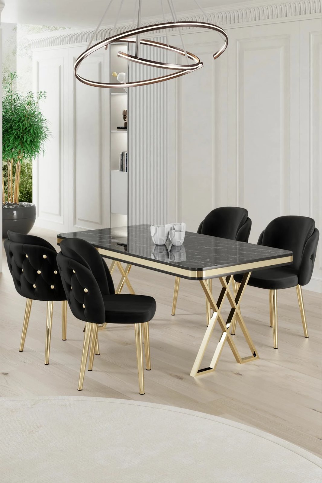 Tavolinë me karrige, 5 copë, Skye Decor Rigel, mermer i zi, ar, e zezë