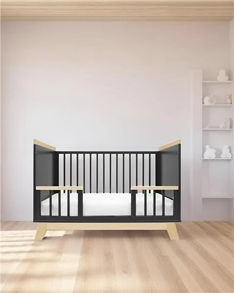 Krevat fëmijësh New Baby Marcus 120x60 cm me barrierë sigurie, bazë me grila 3 nivele, dru pishe/MDF, grafit/natyral