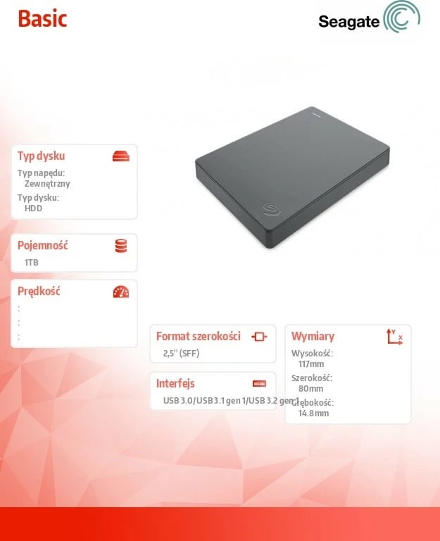Hard disk i jashtëm Seagate Basic 1TB, 2.5", USB 3.0, Gri