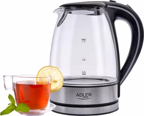 Çajnik elektrik, Adler AD 1225, 1.7 L, qelq, 1850–2200W, bazë 360°, ndriçim LED, filtër sedimenti, e zezë