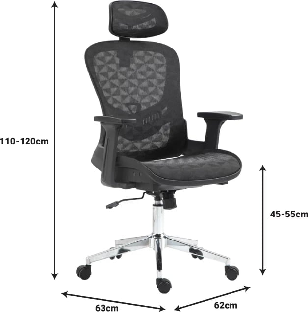 Karrige pune menaxheri Mergi, rrjetë e zezë, 62x63x120cm