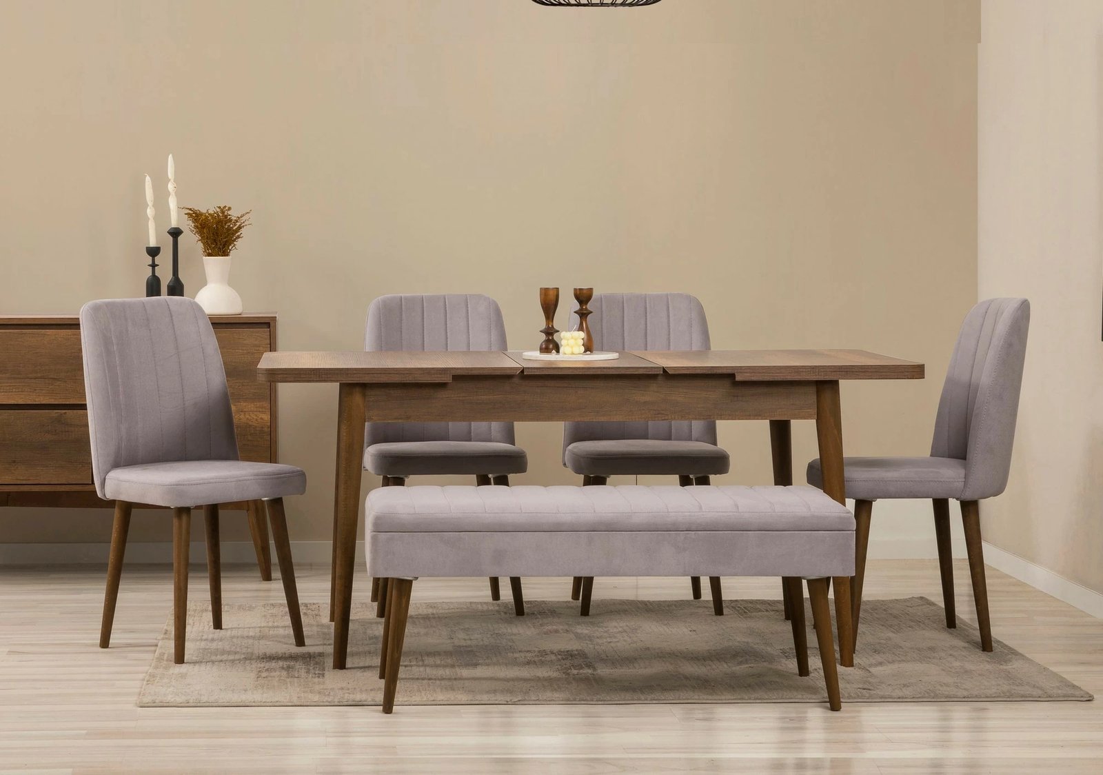 Set tavolinë me karrige dhe konsol, zgjatues, 7 pjesë, Skye Decor, Vina 03 0701, ngjyrë arre, gri