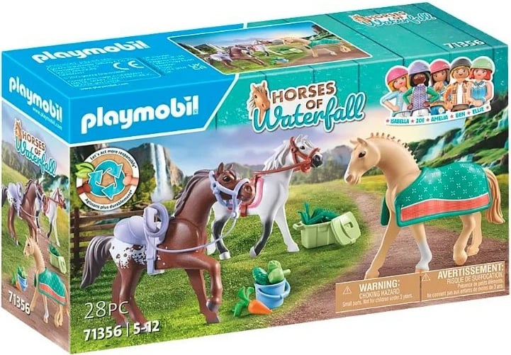 Set lodrash Playmobil Horses of Waterfall 71356, 3 kuaj Morgan, Quarter Horse, Anglo-Arab Shagya, me aksesorë