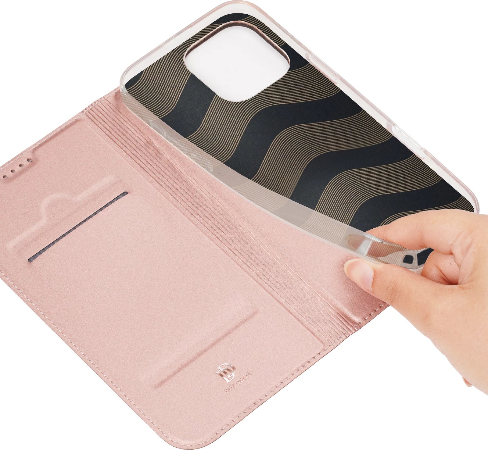 Mbështjellës Dux Ducis Skin Pro për iPhone 16 Pro, me kapak, xhep për karta, rozë