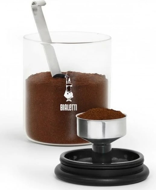 Enë kafeje Bialetti, 250g, xham, kapak plastik, e zezë/transparente