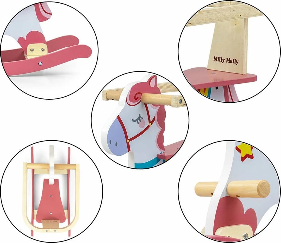 Kalë luhatës druri, Milly Mally, Lucky, me mbështetëse dhe barriera të heqshme, 12–36 muaj, rozë